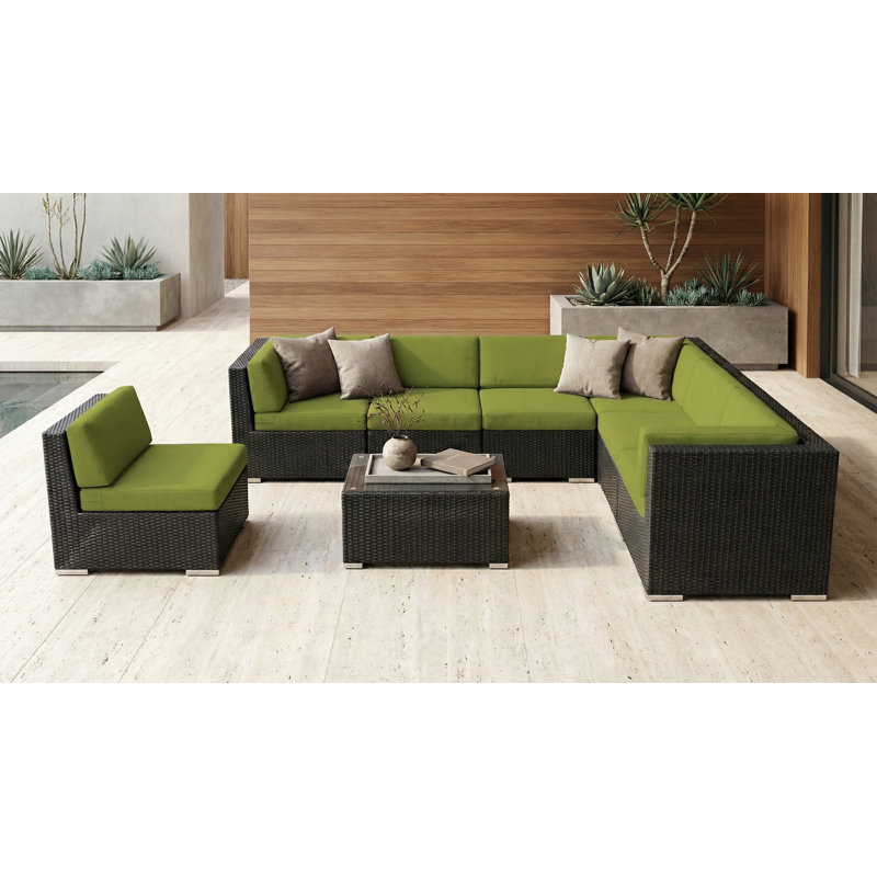 Billyjo Wicker 7 - Person Seating Group with Cushions - No Assembly, Black, Macaw Sunbrella® Canvas