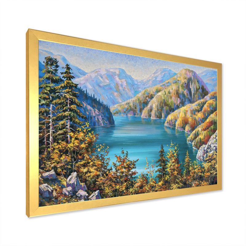 Pittoresque lac Ritsa en fin d'automne - Peinture sur toile, H 12 po x l 20 po, Toile à cadre d'angle fermé doré
