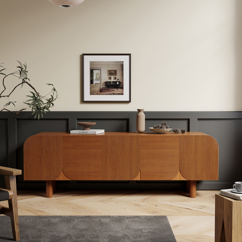 Meuble télé 71 po style Mid-Century avec 3 armoires en bois massif brun pré-assemblé et facile à installer (pieds à fixer uniquement)