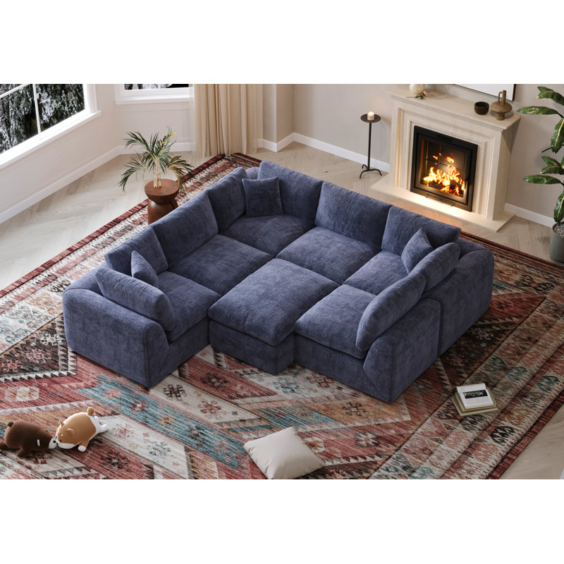 Canapé modulaire 7 places avec repose-pieds Boneless, Marine