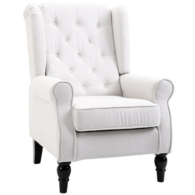 Accent Armchair In Creamy White. Button Style. Thick Padded Seat And Back. Fits Various Rooms. Solid Wood & Eucalyptus Construction. Elegant Chair. 29.25"W X 33.75"D 40.25"H Dimensions. 40.34 Lb