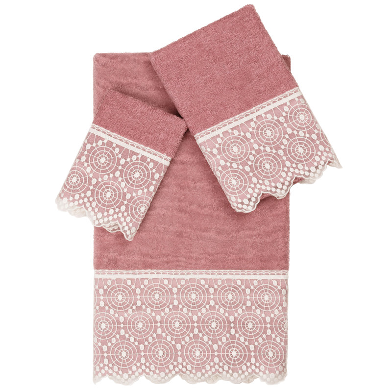 Valentina Turkish Cotton Lace Embellished Towel, 1 Bath Towel, 1 Washcloth, 1 Hand Towel, Tea Rose/White