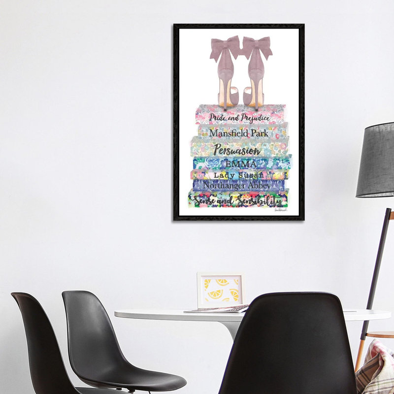 Austen Flower Books With Shoes by Amanda Greenwood - Painting on Canvas, 66.04 cm H x 45.72 cm W, Black Framed Canvas