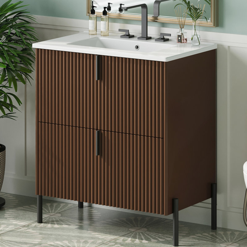 Meuble-lavabo de 30 pouces avec lavabo en céramique, tiroirs à fermeture en douceur et conception cannelée au fini brun foncé