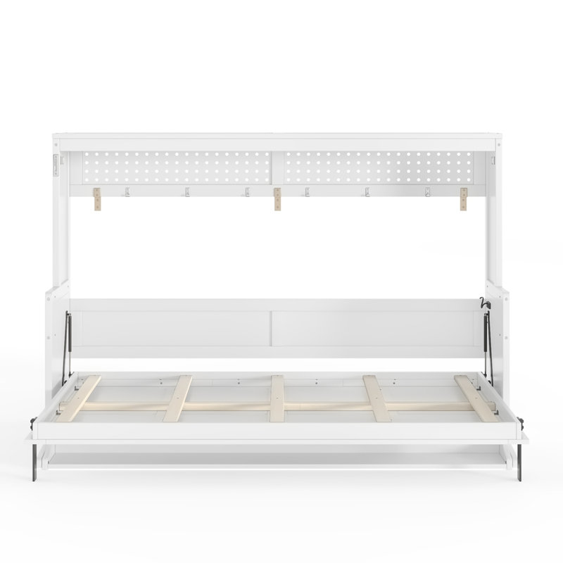 Lit escamotable double avec bureau, station de charge USB, lumières DEL, Lit double, Blanc