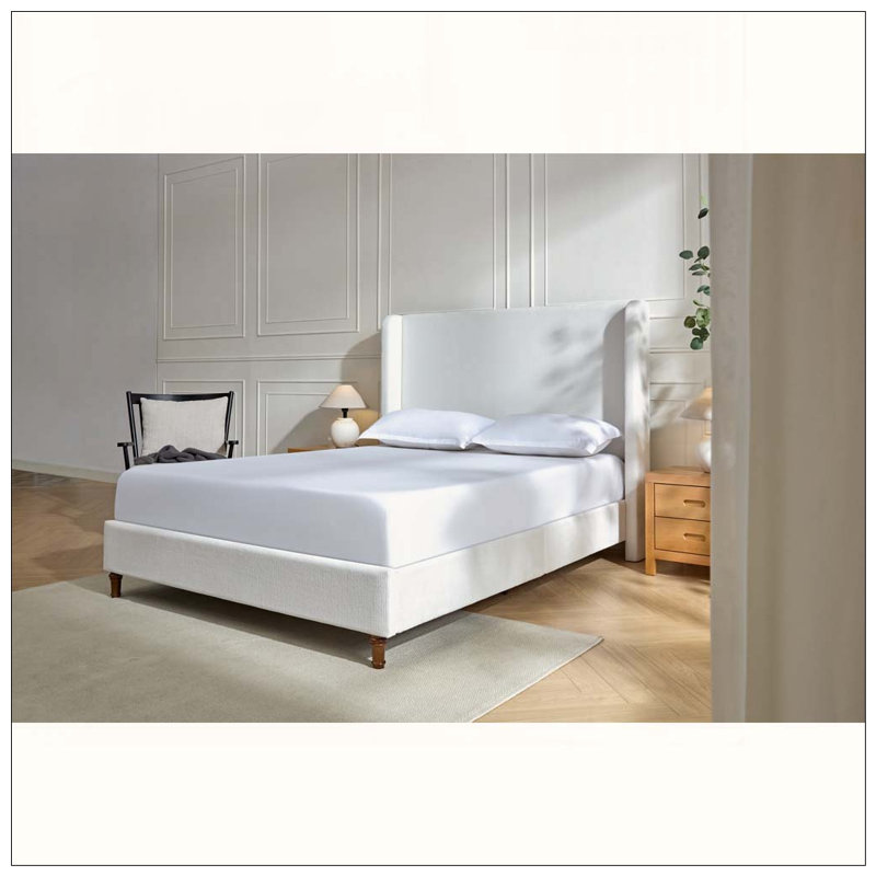 Lit tapissier avec tête de lit Elegant Simplicity, Très grand lit, Chenille blanc crème