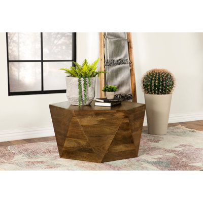 Table basse hexagonale fabriquée à la main en bois de manguier massif, 18 pouces de hauteur, 35 de largeur, ton naturel pour un espace de vie en hauteur, mangue, piédestal, finition