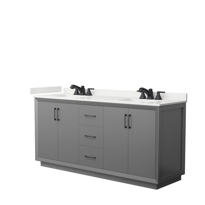 Meuble-lavabo double avec plateau Strada 72, Gris foncé, Quartz blanc, Noir mat