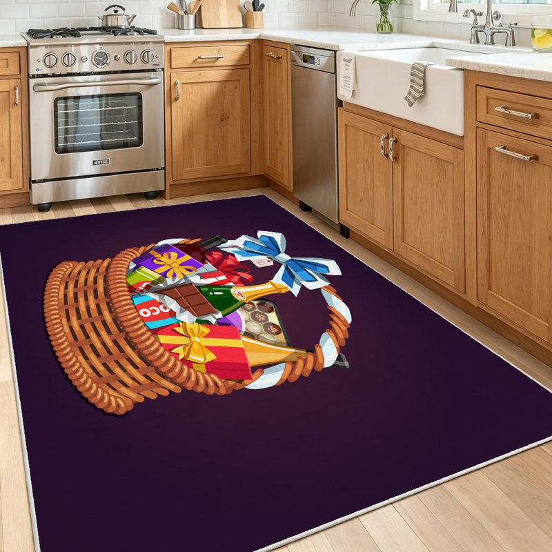 Tapis d'intérieur transparent lavable à la machine, panier-cadeau en osier rempli de cadeaux, Rectangle 39" x 63"