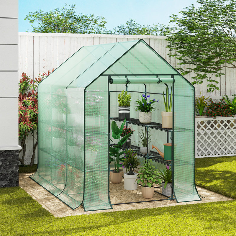 Garden Greenhouse Walk In Plastic Tomato Greenhouse Vegetable Fruit Flower Plant Shed with Reinforced PE Cover 195cm, Green