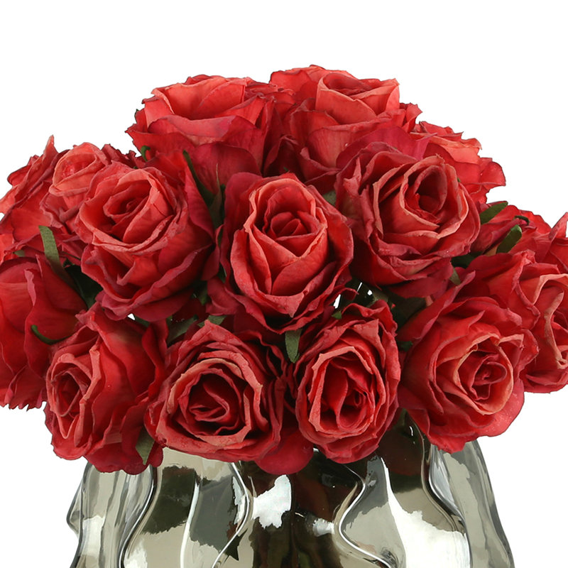 Dried Rose Arrangement in Wavy Glass Vase, Red, Gray