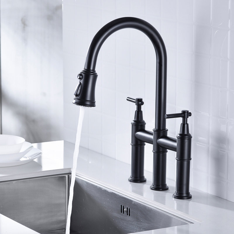 Matte Black Kitchen Faucet With Pull-Down Feature - Dual Handles For Accurate Water Management 360-Degree Rotatable High Nozzle Enlarged Cleaning Zone Brass Build Reliability Bridge Functionality