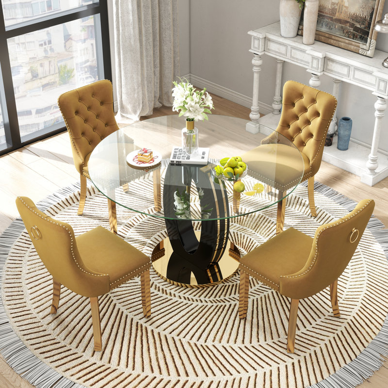 Ensemble de table de salle à manger haute brillance ronde avec 4 chaises de salle à manger en velours, Jaune, Noir et or