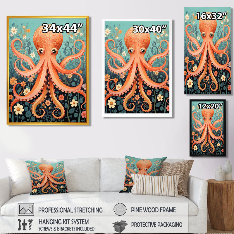Orange pieuvre - pieuvre / calmar, reproduction d'art murale, H 40 po x l 30 po, Toile flottante noire encadrée