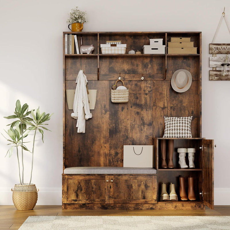 78.7 Inch Tall Hall Tree with Bench and Shoe Storage, Modern Wood Entryway Bench with Coat Rack, 4 Hanging Hooks, 3 Open Compartments for Hallway, Mudroom, Apartment