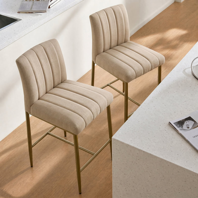 Comfortable Bar Stools Set of 2, 26” Thick Upholstered Counter Height Bar Stools with Back, Linen Counter Stools with Metal Legs for Kitchen Island, Khaki