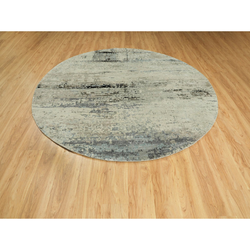 Tapis unique noué à la main de 8 pi de couleur ronde bleu / taupe Fredel