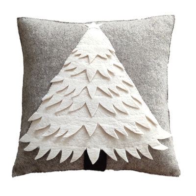 Hand Felted Wool Christmas Pillow Cover - Cream Tree on Gray - 20"