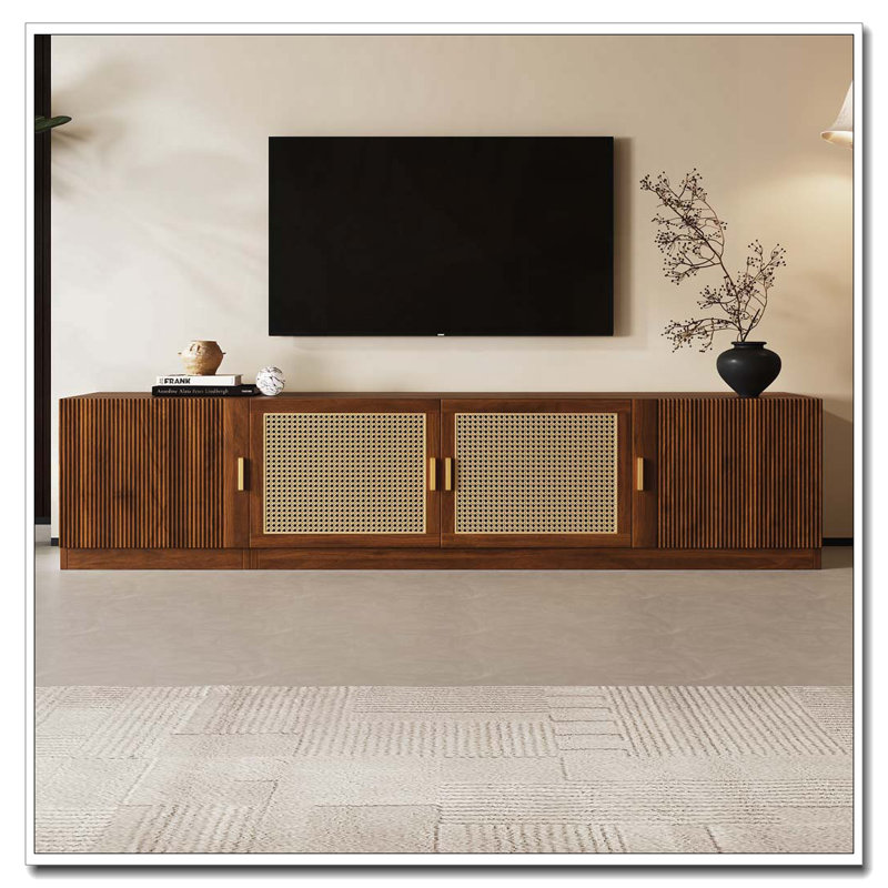 Meuble télé 78 po pour téléviseur de 85 po ou moins avec portes en rotin, meuble télé réglable pour chambre à coucher