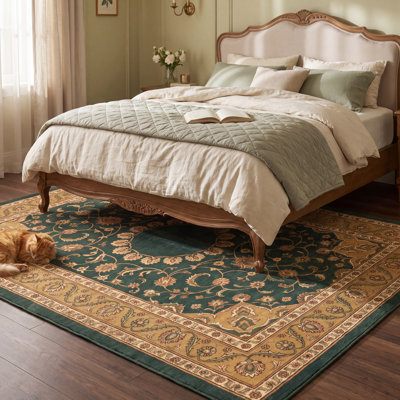 Tapis Reef2 Traditionnel Médaillon Style persan Or Vert Crème Ivoire Antidérapant à Poils Courts Intérieur Extérieur Adapté aux Animaux de Compagnie Salon Chambre Salle à Manger Entrée Couloir Bureau Lavable