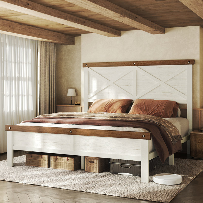 Base de lit double Farmhouse avec tête de lit géométrique de 51,2 po de hauteur, rangement sous le lit, système de support entièrement en métal, aucun sommier requis, assemblage facile, blanc antique