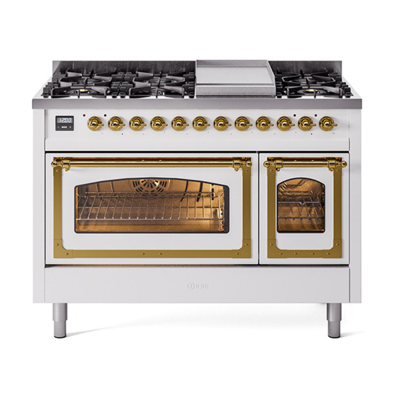 ILVE Nostalgie II Series Noblesse 48 inch Dual Fuel Range with 8 Sealed Burners, Griddle (Glass Door), Liquid Propane, White
