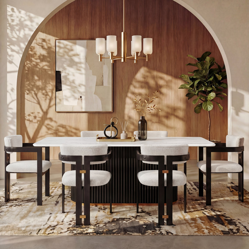 7 Piece Modern Dining Table Set, Faux Marble Dining Table and 6 Boucle Dining Chairs, White, 7 Pieces: Table, 6 Chairs
