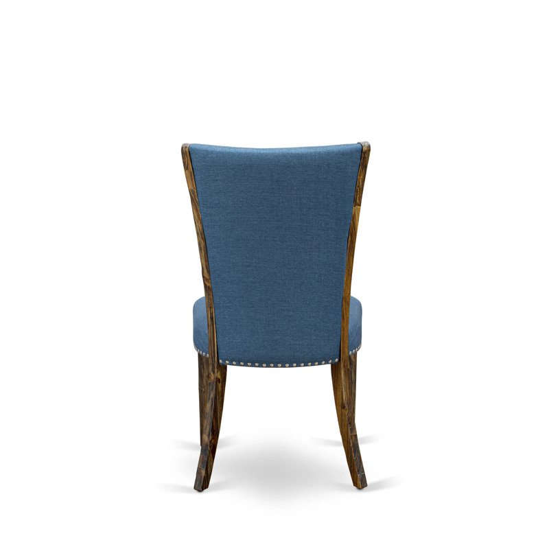 L'ensemble de salle à manger 9 pièces comprend une table de salle à manger rectangulaire avec des pieds en X et 8 chaises rembourrées en tissu de couleur bleue, finition jacobine patinée