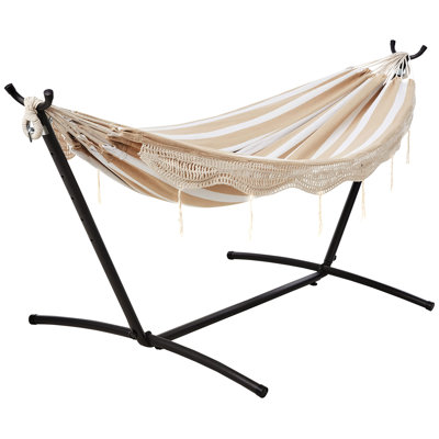 Double Hammock with 9-Foot Steel Stand, 2-Person, 1-Pack, (Beige Stripe with Lace)