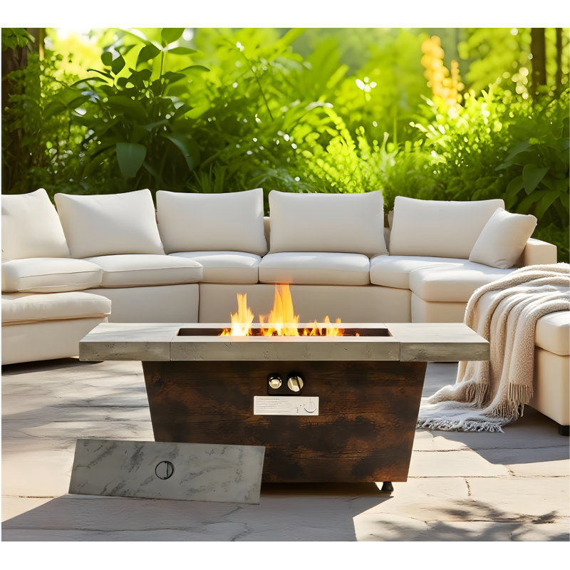 42 In. 50,000 Btu Rectangular Iron Propane Gas Outdoor Fire Pit Table In  Gray, cement-imitating Texture Effect Design