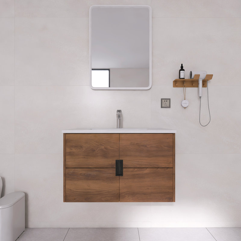 Meuble-lavabo mural 30 po avec lavabo en céramique | Armoire flottante, portes à fermeture en douceur et contreplaqué résistant à l'eau - Noyer brun