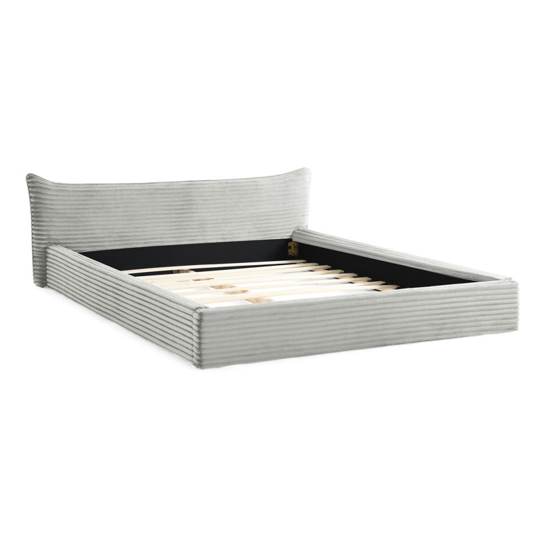Structure de lit grand format rembourrée en gris, tête de lit incurvée pour un repos confortable, lit en bois massif et lit plateforme, pas de sommier, lecture d'installation rapide, structure, conception fonctionnelle simple