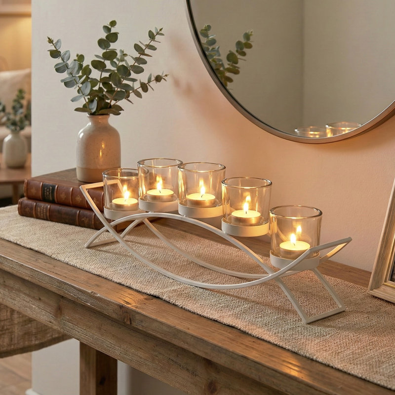 Iron Arch Candle Holder Table Centerpiece, White/Clear
