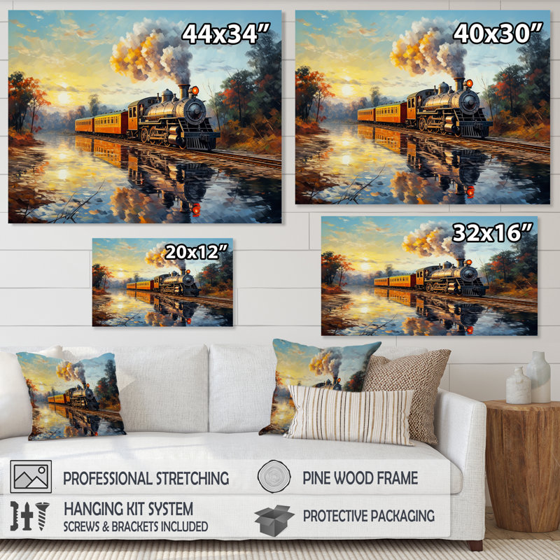 Peinture d'un train à vapeur au coucher du soleil, H 30 po x l 40 po x P 1,5 po, Cadre naturel flottant