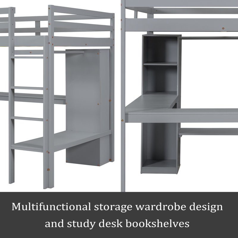 Lit mezzanine double avec bureau en L, garde-robe et tablettes de rangement, Double, Gris