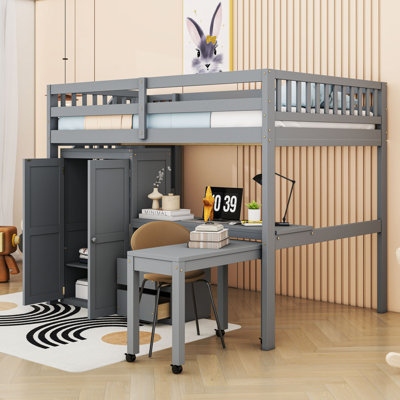 Two Drawers Loft Bed With Built-In Desk, Storage Shelves And Wardrobe
