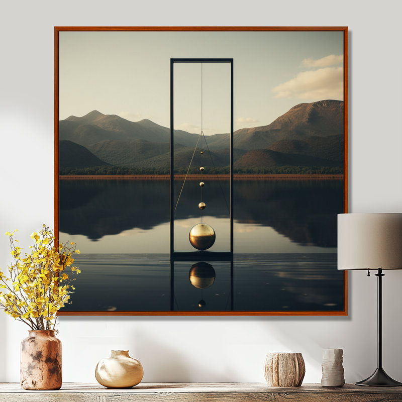 Golden Sphere of Zen Serenity - Abstract Landscape, art mural, Cadre flottant brun, H 16 po x l 16 po