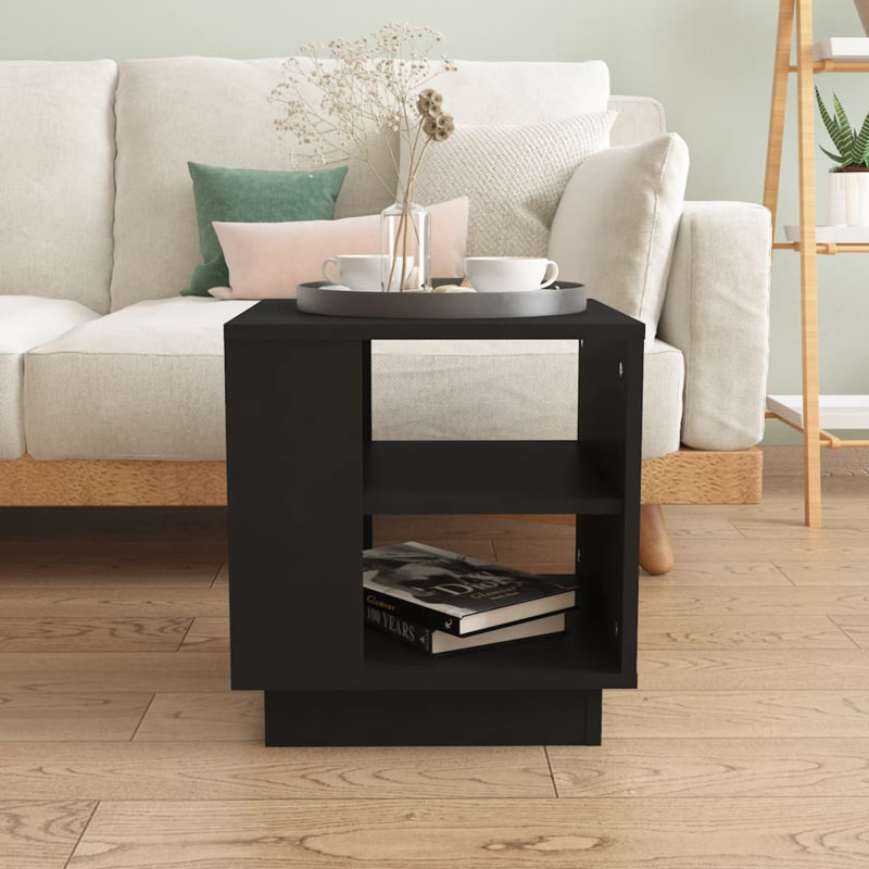 Glass End Table with Storage, Black, 15.7"x15.7"x16.9"
