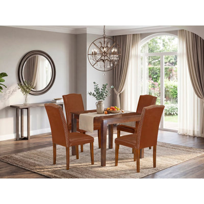 Ensemble de table de salle à manger 5 pièces moderne comprenant une table carrée en bois et 4 chaises en similicuir brun, acajou
