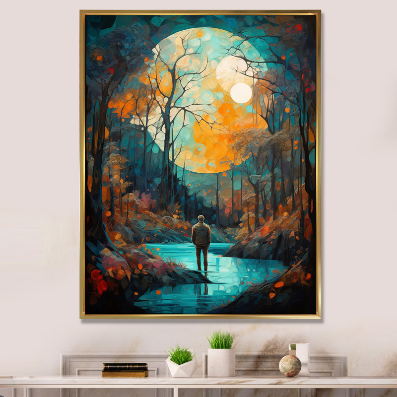 Pleine lune magique «Wandering In The Forest» sur toile, H 32 po x l 16 po x P 1 po, Cadre flottant doré