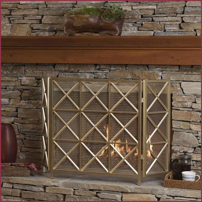 Fireplace Screen 3-Panel Iron X Pattern | Gold | Iron