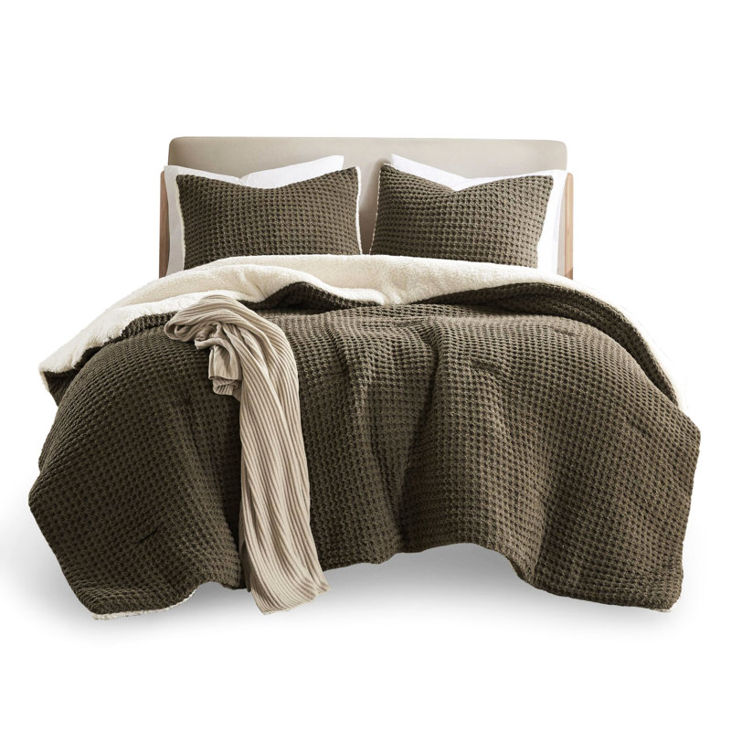 Waffle Texture Chenille Comforter Full/Queen - 100% Reversible Cozy And Soft, Full Comforter + 2 Standard Shams