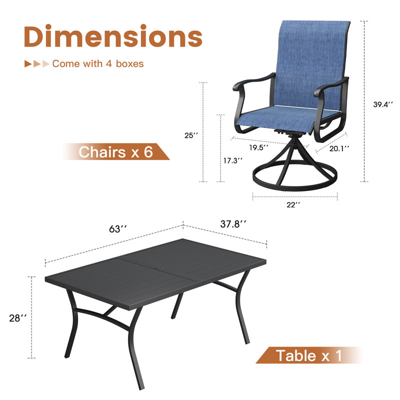 6-Person Patio Dining Set with 63" Metal Curved Dining Table and PVC-coated polyester Swivel Dining Chairs, Blue/Black