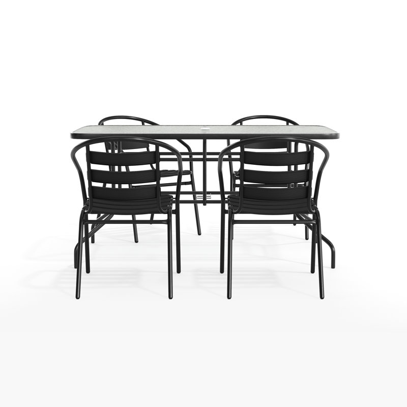 5 Piece Outdoor Patio Dining Set - Tempered Patio Table, 4 Flex Comfort Stack Chairs