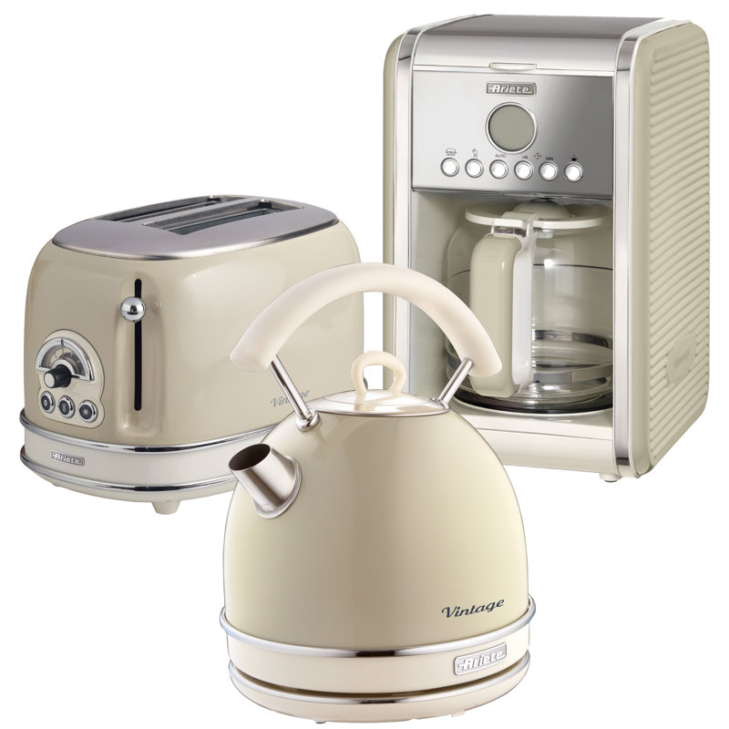 Ariete Vintage 1.7L Stainless Steel Dome Kettle with 2 Slice Toaster and 12 Cup Coffee Machine Set, Cream