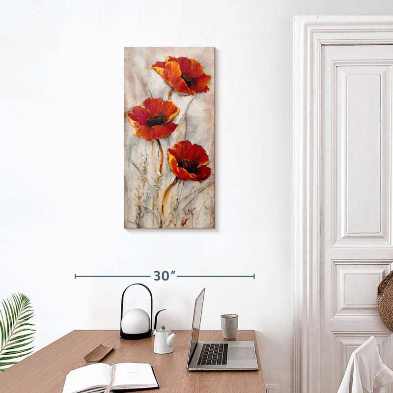 Coquelicots rouges sur taupe II, H 30 po x l 15 po