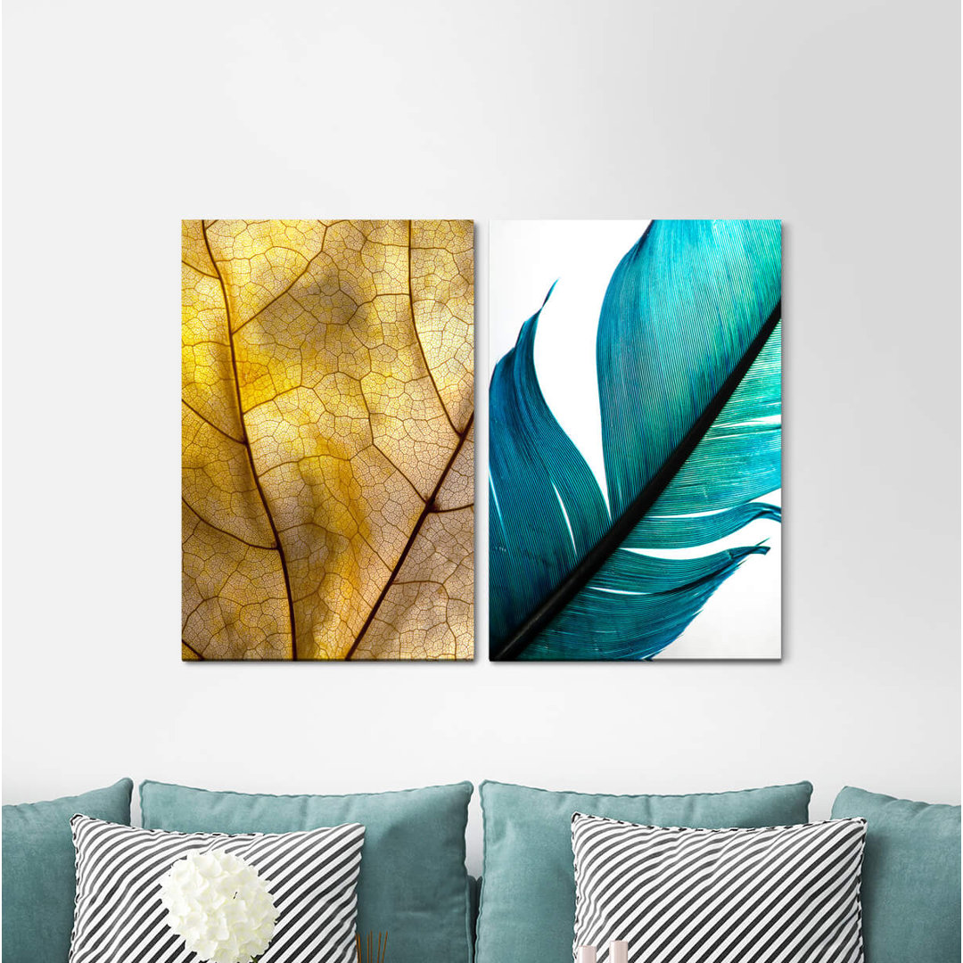 2-tlg. Leinwandbilder-Set - Fotografie „Leaf Veins Leaf Structure Feather Turquoise Calming”