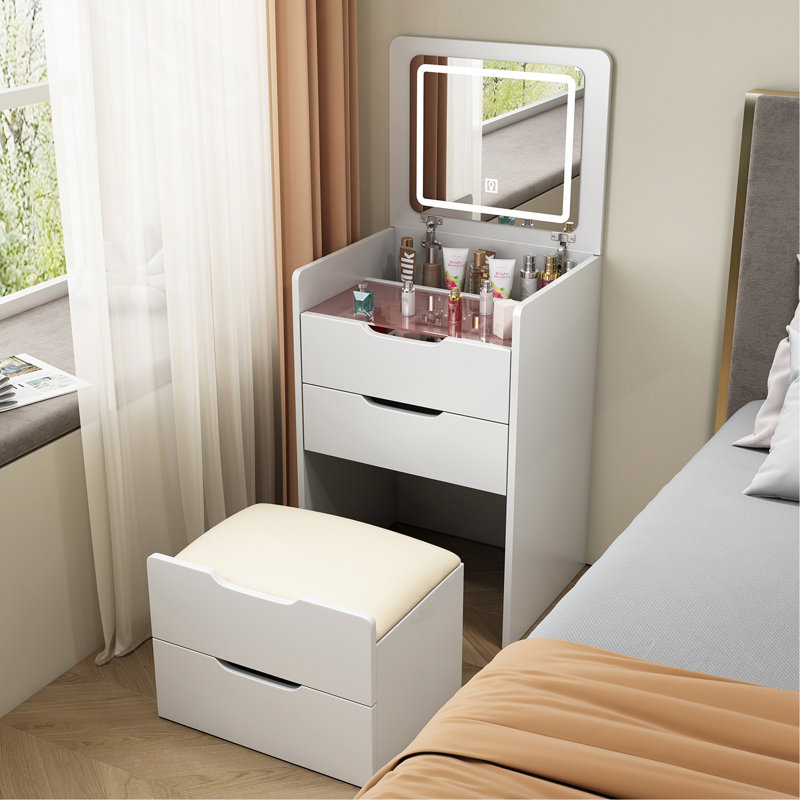 3 In 1 Vanity Desk With Plip Top Mirror, Small Make Up Vanity Set With Visible Glass Desktop, Compact Makeup Vanity With 3 Drawers, Dressing Table For Bedroom