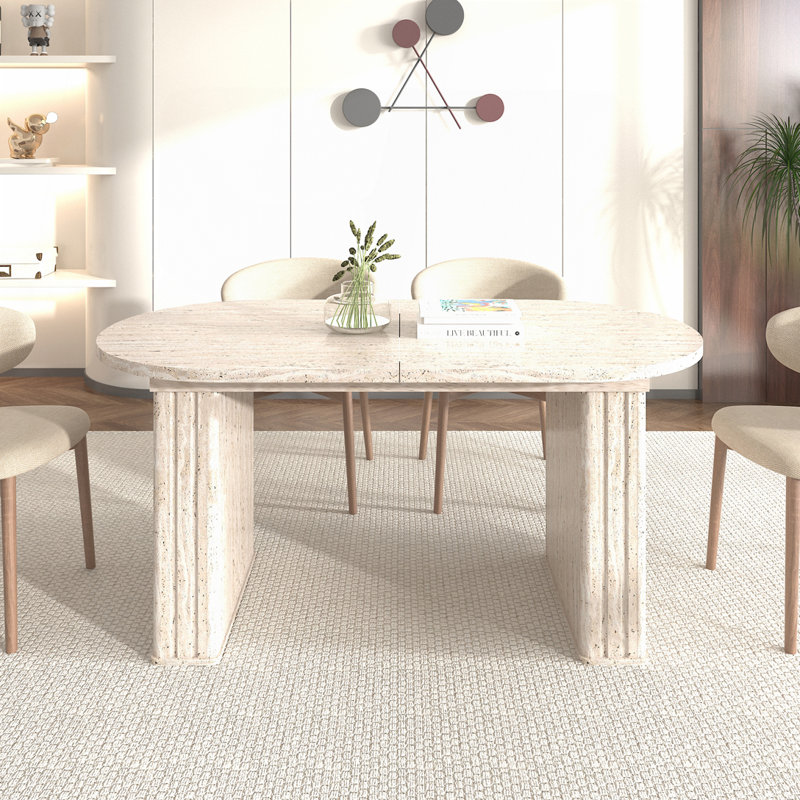 Table de cuisine extensible ovale pour 4-8 personnes avec finition d'inspiration travertin