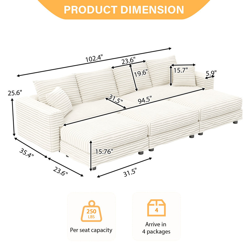 Canapé modulaire 5 pièces à assise profonde en velours côtelé de 102,4 po de large avec repose-pieds rembourré pour le salon, l’appartement